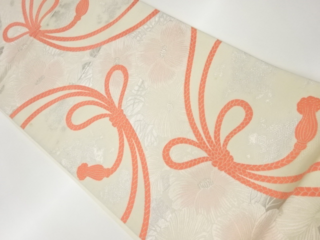 紐に花々・子持ち菱模様織出し袋帯